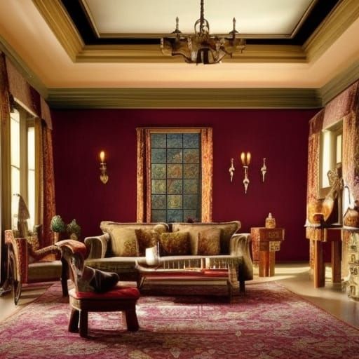 Hogwarts Harry Potter themed living room with Gold walls with Burgundy red accents& Golden windows& Burgundy red curtain...