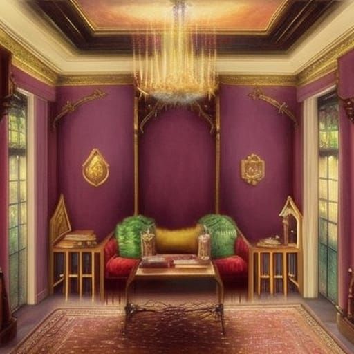 Hogwarts Harry Potter themed living room with Gold walls with Burgundy red accents& Golden windows& Burgundy red curtain...