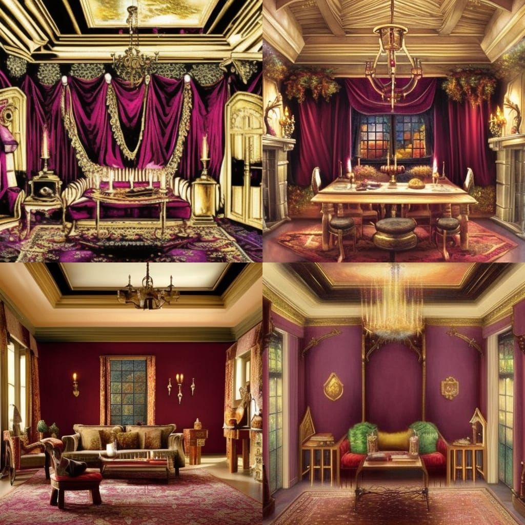 Hogwarts Harry Potter themed living room with Gold walls with Burgundy red accents& Golden windows& Burgundy red curtain...