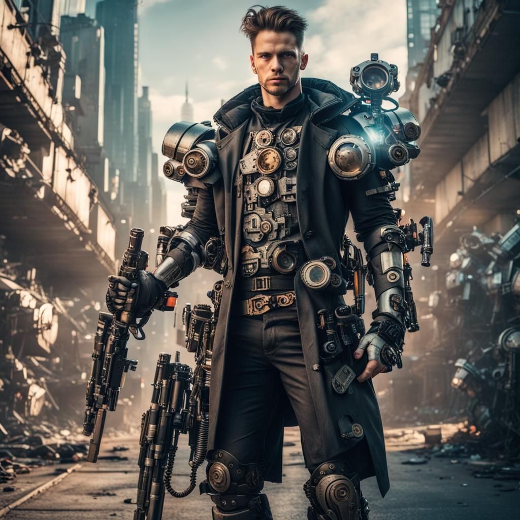 Cyberpunk Warrior in Destroyed City with Robots