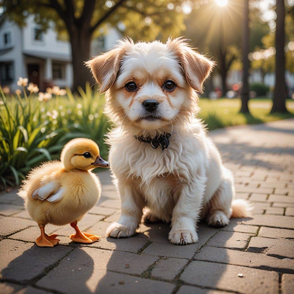 Cute Fluffy Dog Plays with Baby Duck in Natural Light