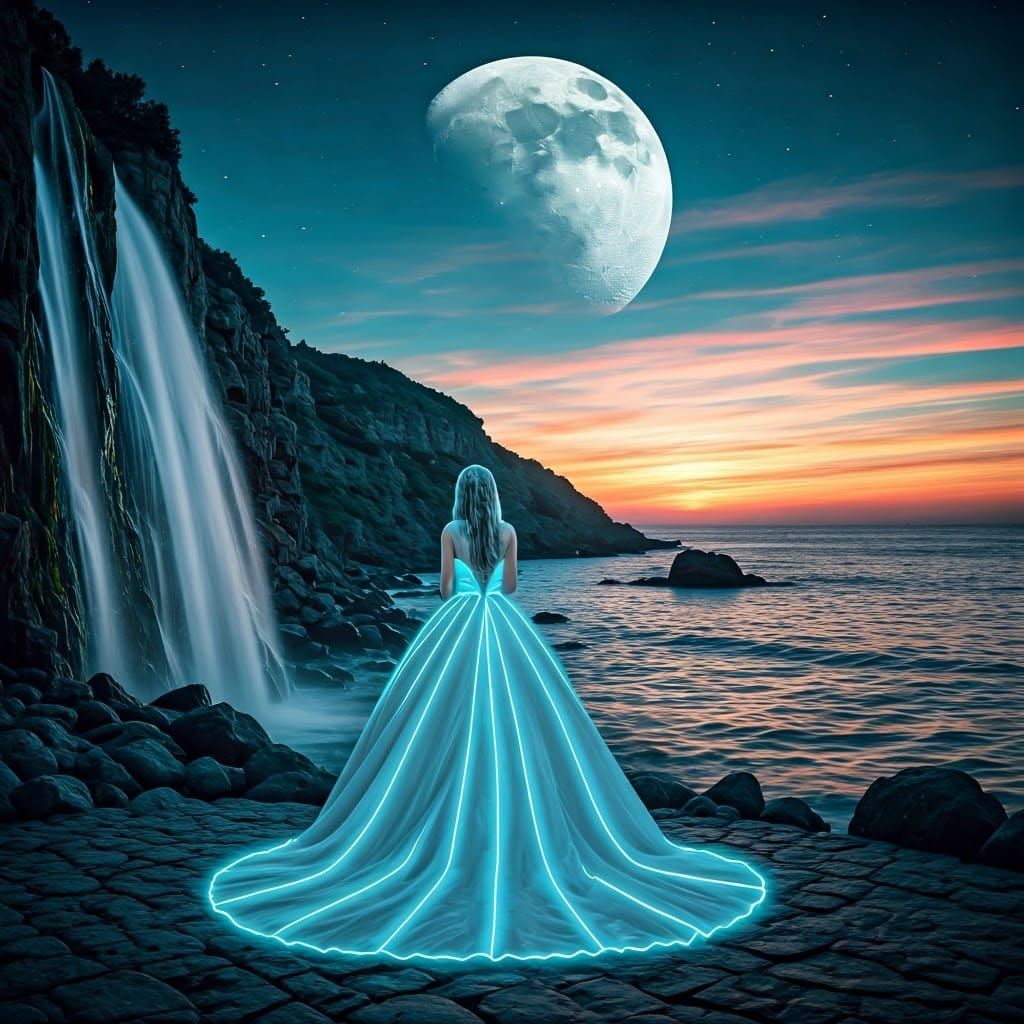 Surreal Bride Descends Waterfall at Sunset