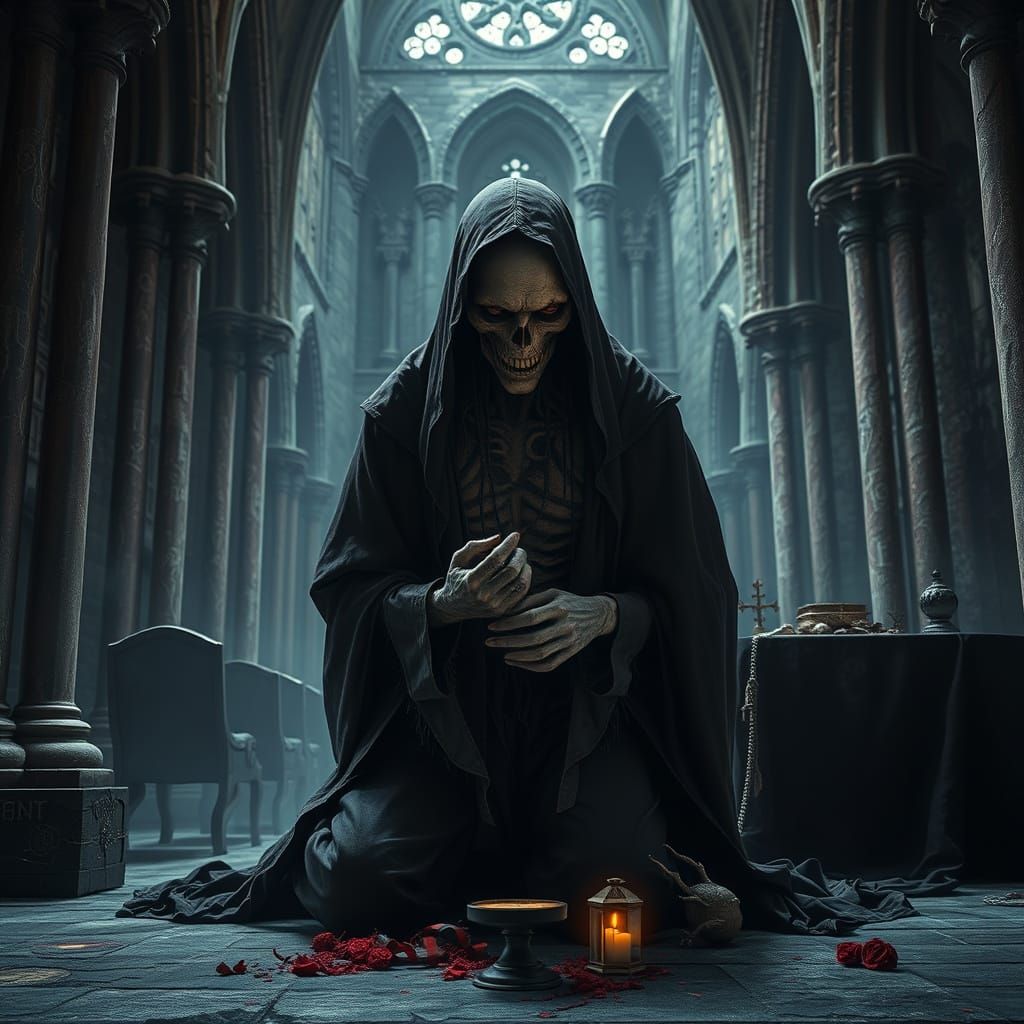 Gothic Horror Ritual: Decaying Figure in Cathedral