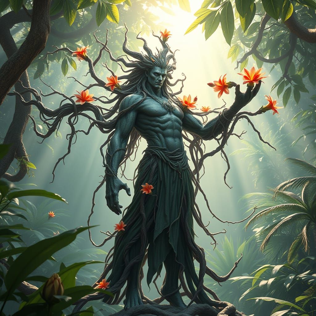 Tropical Earth God in Lush Biomechanical Landscape