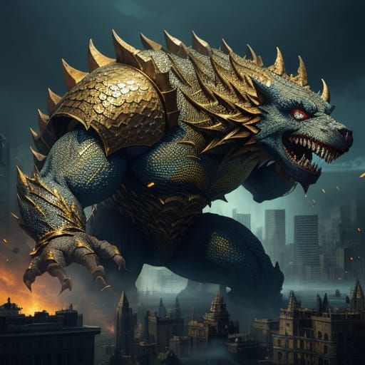 Monstrous Money Creature Devours City in Concept Art Style