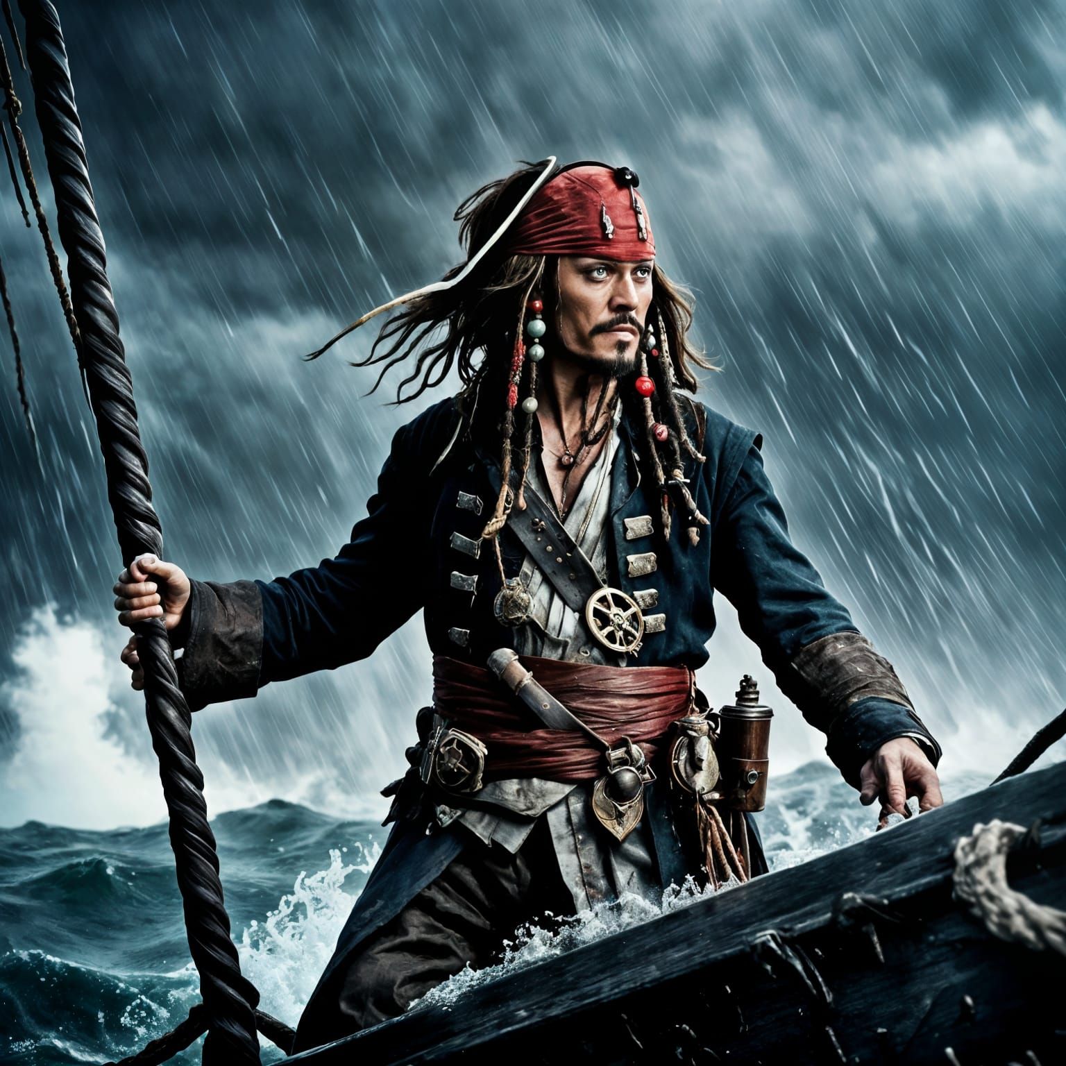 semi close up shot of A dramatic scene of a Jack Sparrow's B...