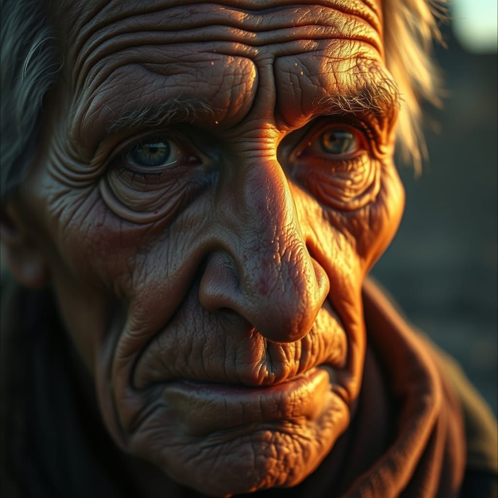 A close-up of a weathered face, etched with wrinkles and sca...