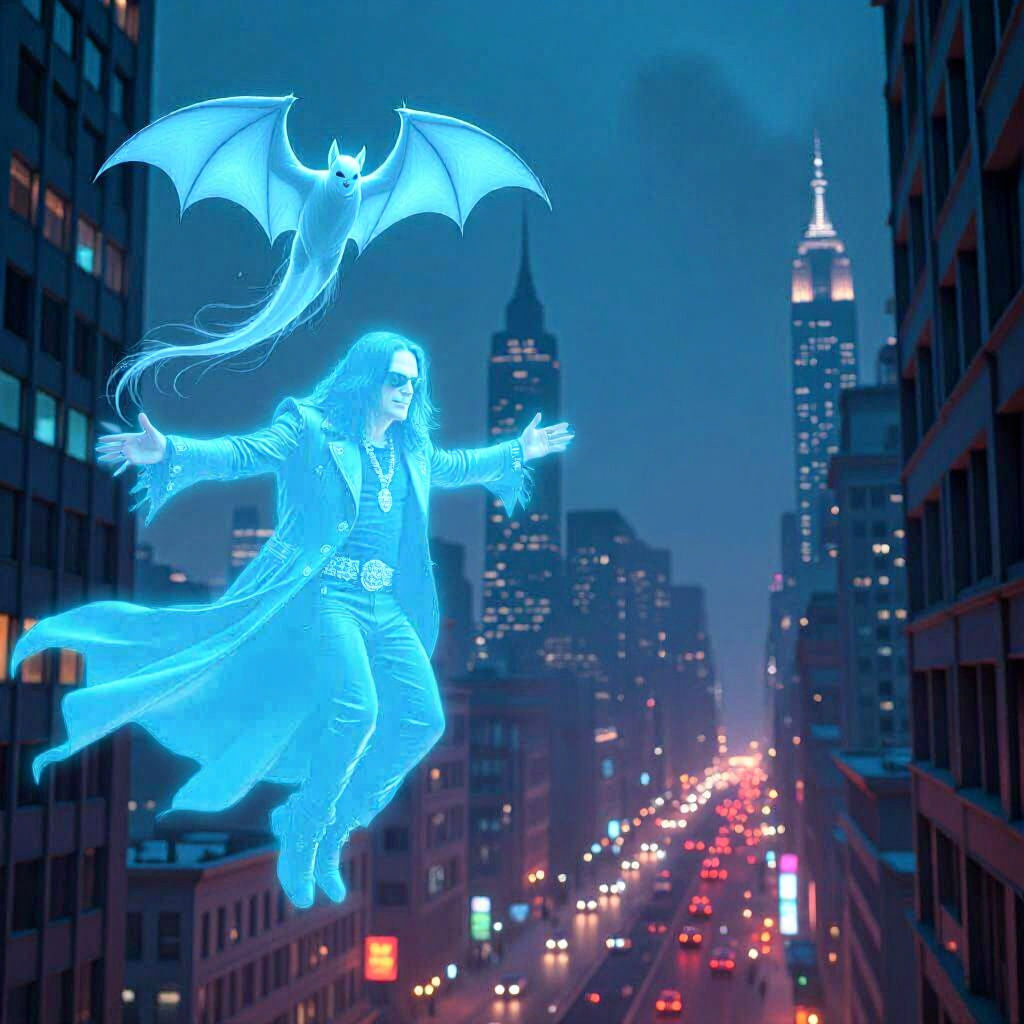 Ethereal Ozzy and Bat Ascend Over City at Night