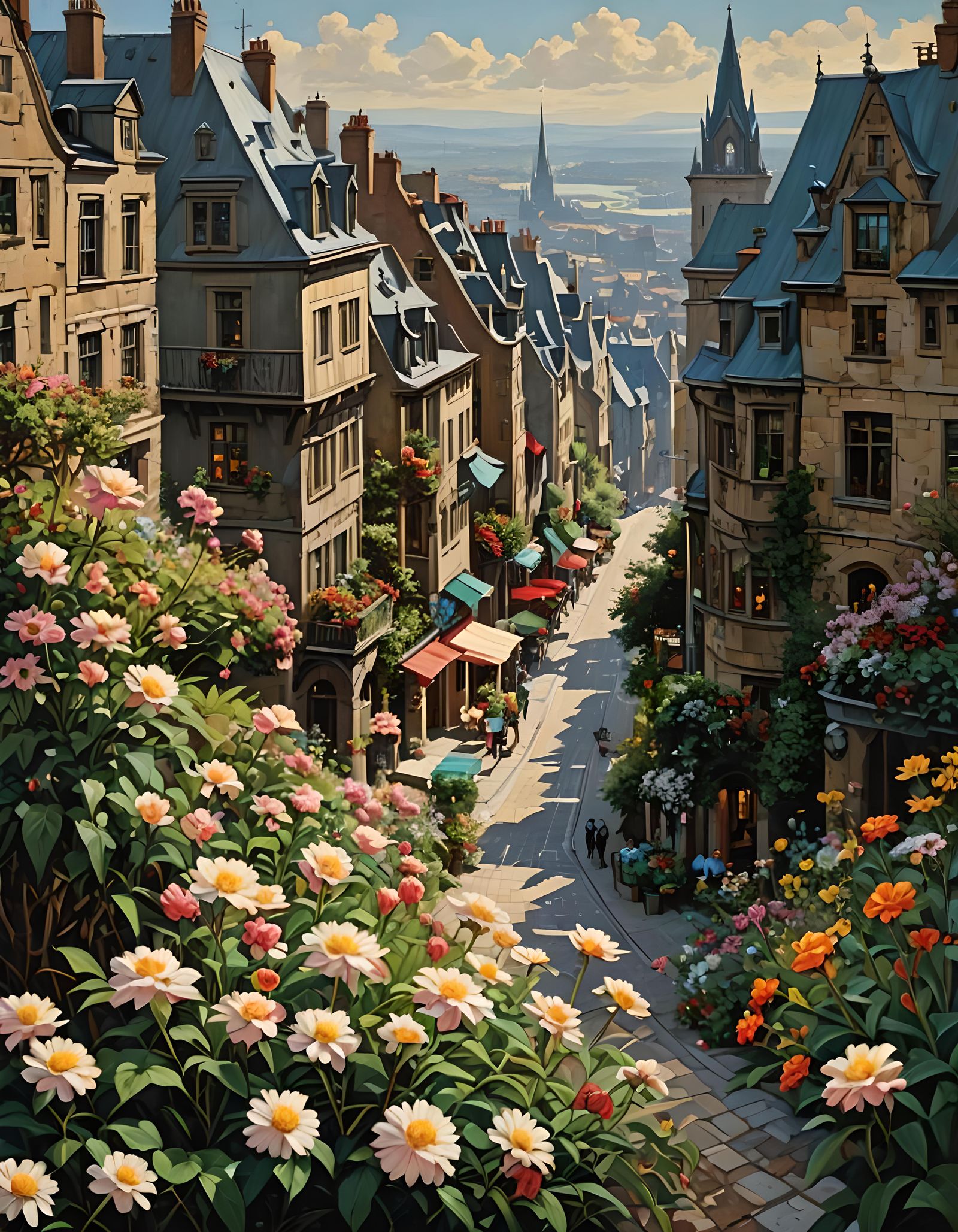 Fantasy Cityscape with Floral Accents as Oil Painting