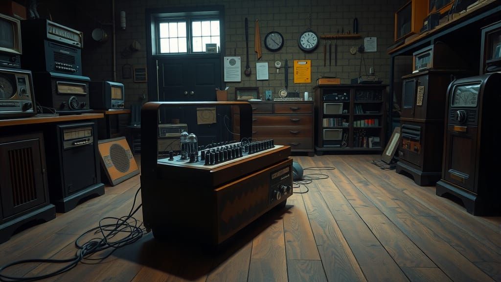 Eerie Theremin in Vintage Repair Shop, Cinematic Style