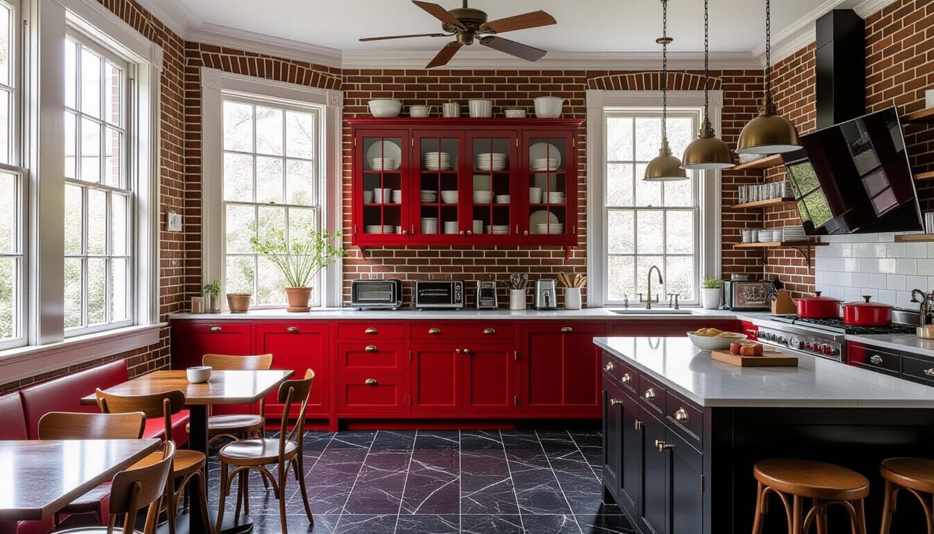 Victorian Kitchen with Modern Appliances in Dark Red and Bri...