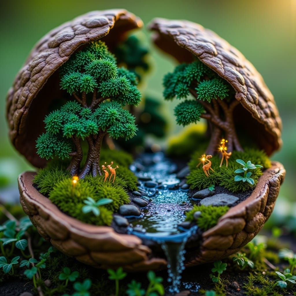 Miniature Forest Inside Walnut Shell: Hyper-Realistic Macro