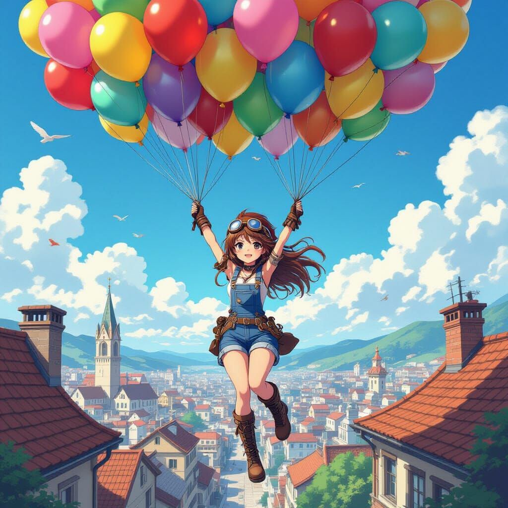 Steampunk Girl's Anime Balloon Adventure on Rooftop
