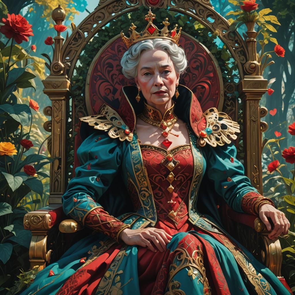 Queen of Hearts in Lush Garden, Fantasy Art