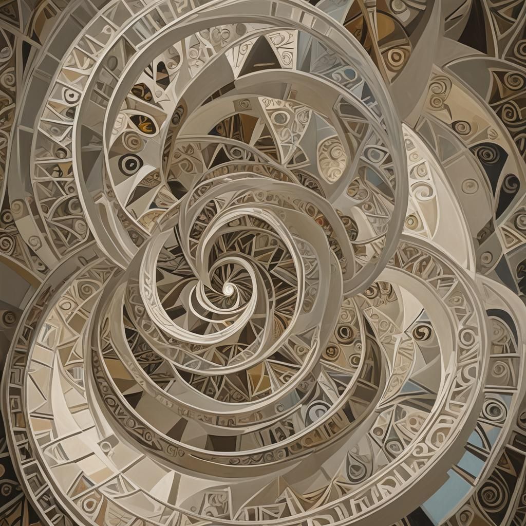 Surreal Spiraling Form with Dynamic Lighting in Cubist Style