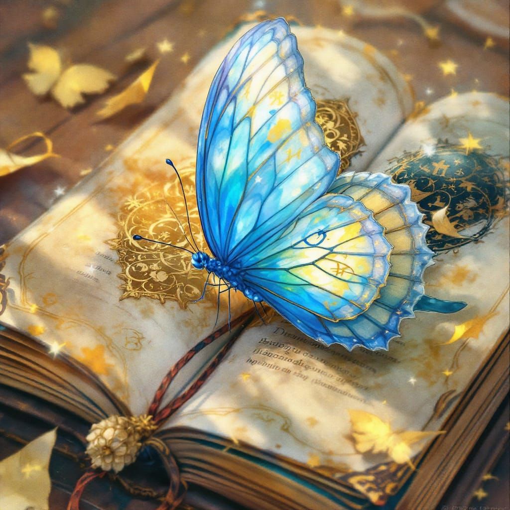 Blue Butterfly Emerges from Ancient Book in Watercolor Style