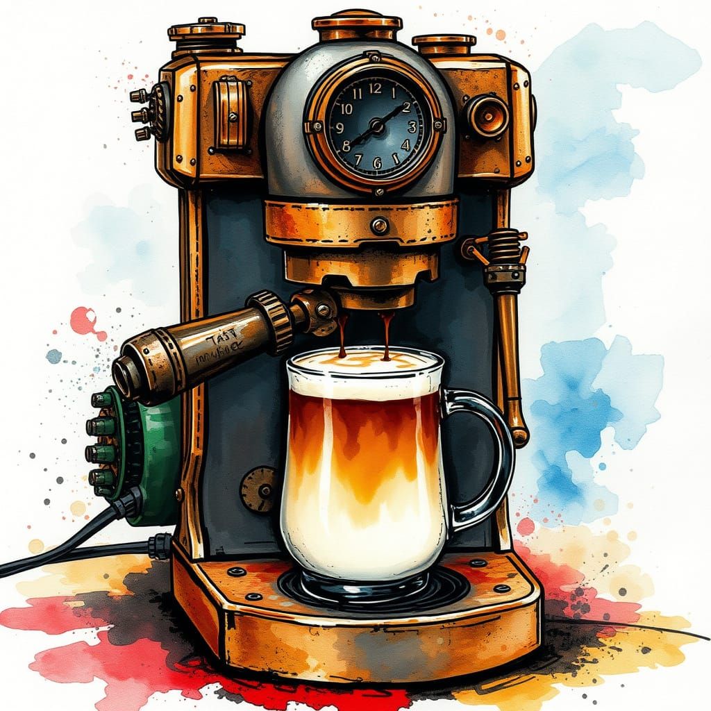 Steampunk Coffee Maker Creates Latte in Watercolor Ink Splat...