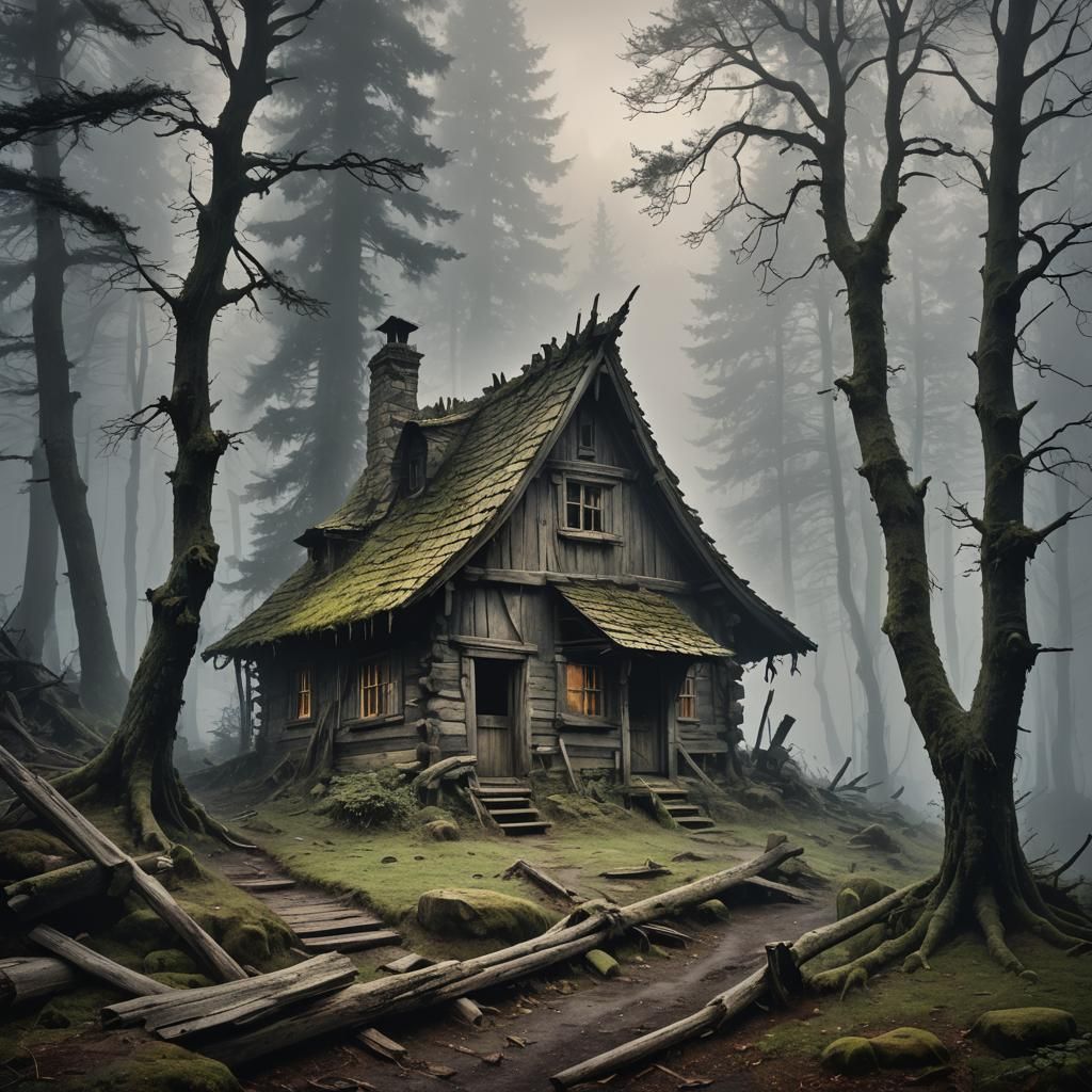Abandoned Witch's Cabin in the Black Forest covered in fog