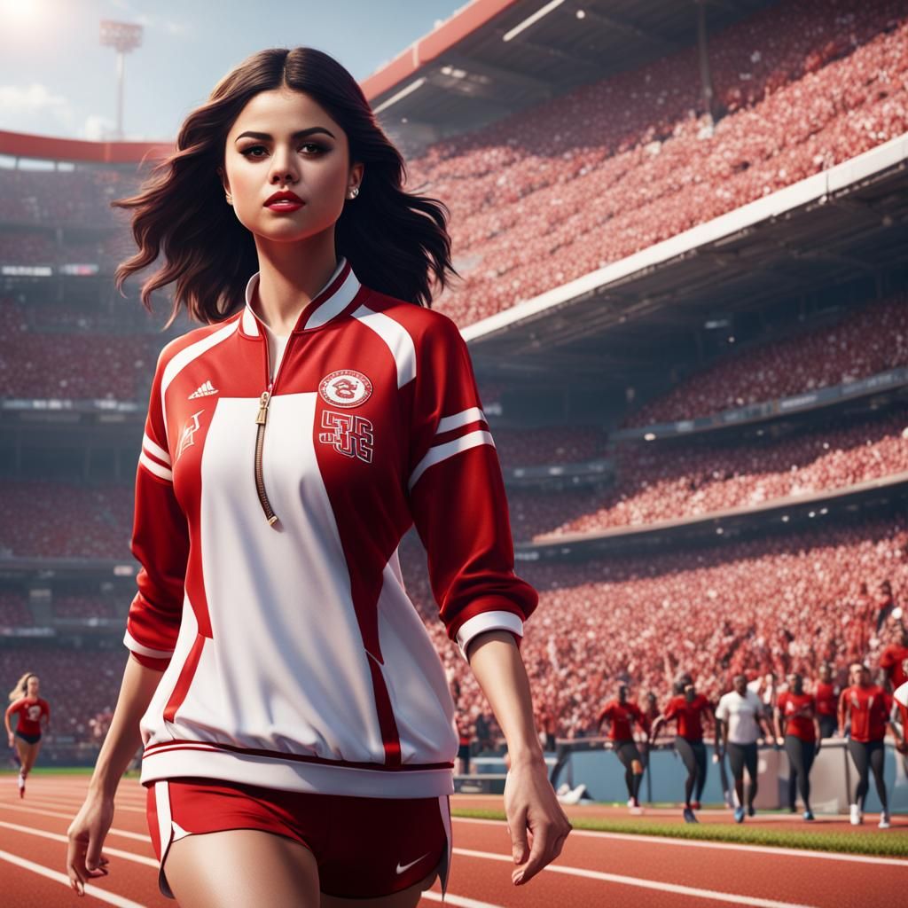 Selena Gomez in Red and White Tracksuit: Detailed Art