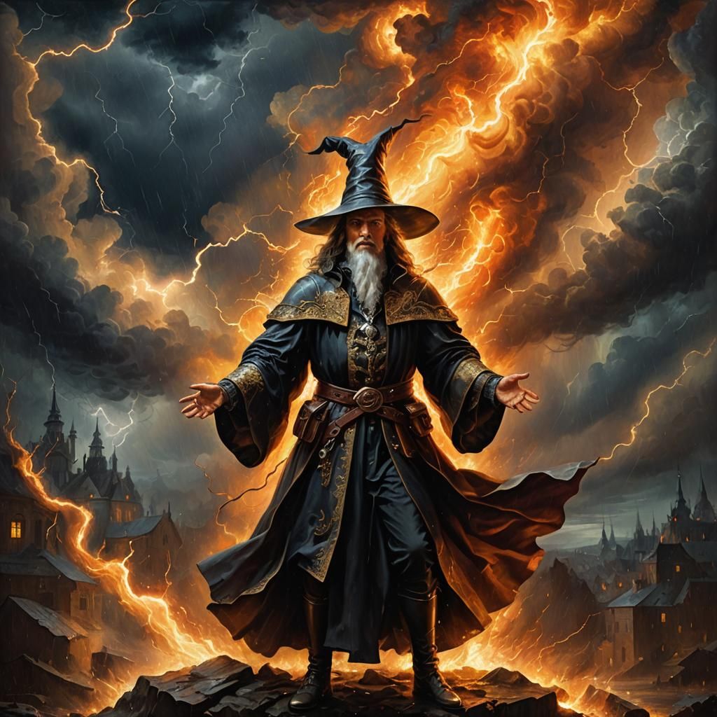 Wizard in Thunderstorm: A Baroque Oil Painting