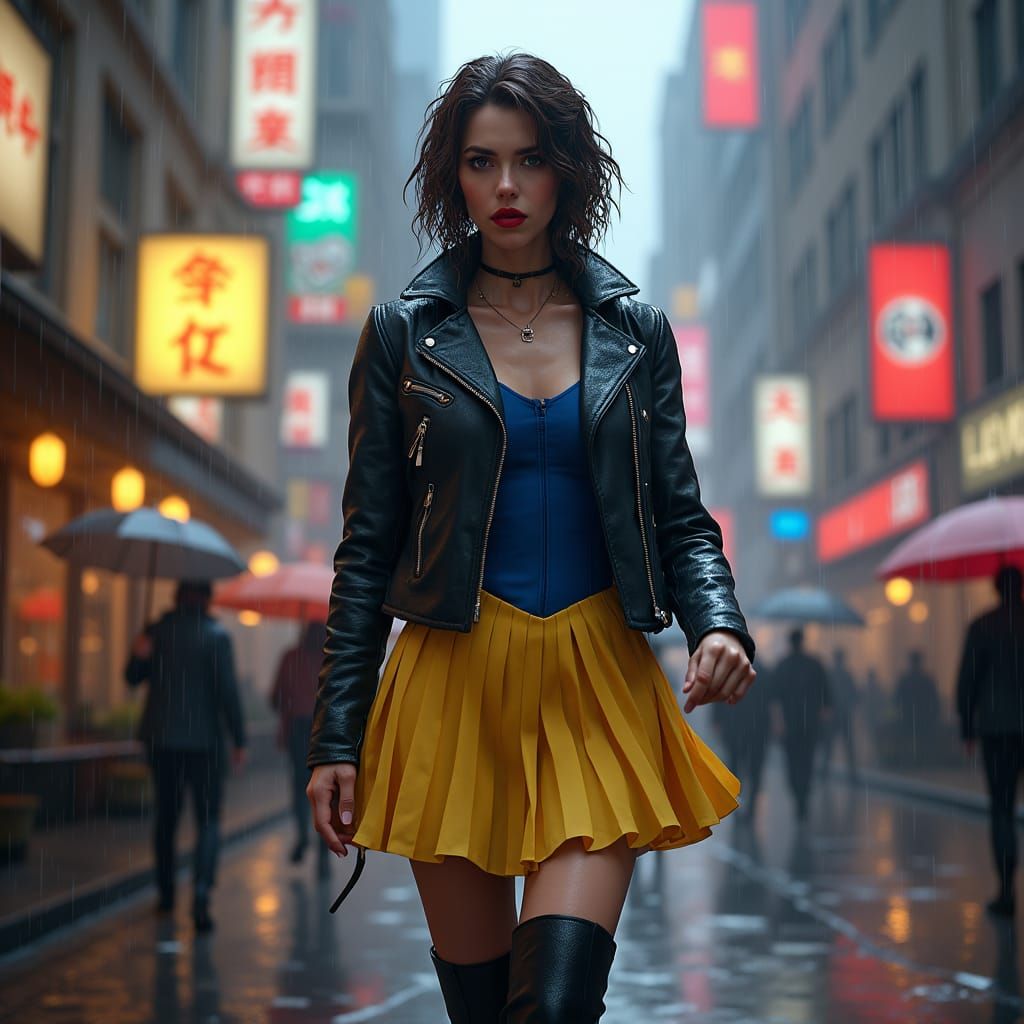 Snow White in Leather Jacket on Rainy City Street