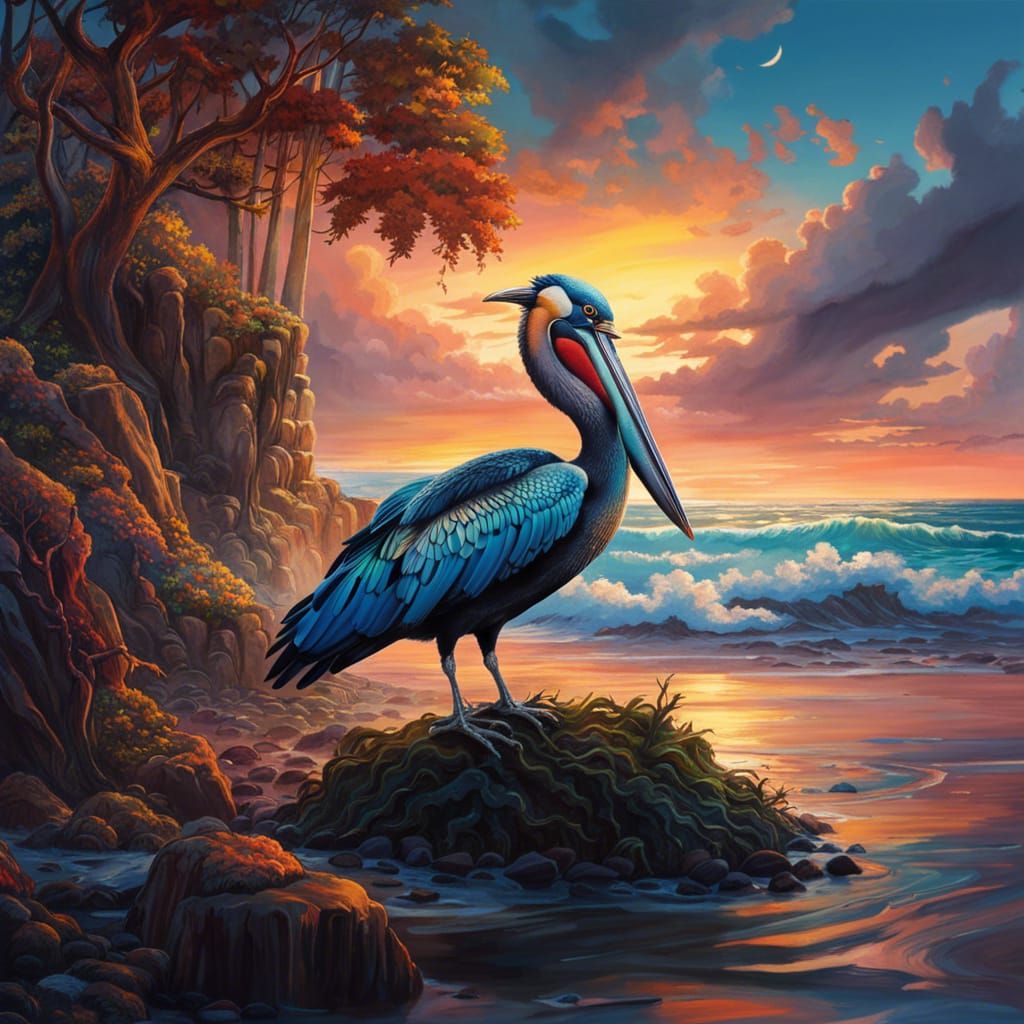 Bird-Portraits - Pelican at the beach at sunset.