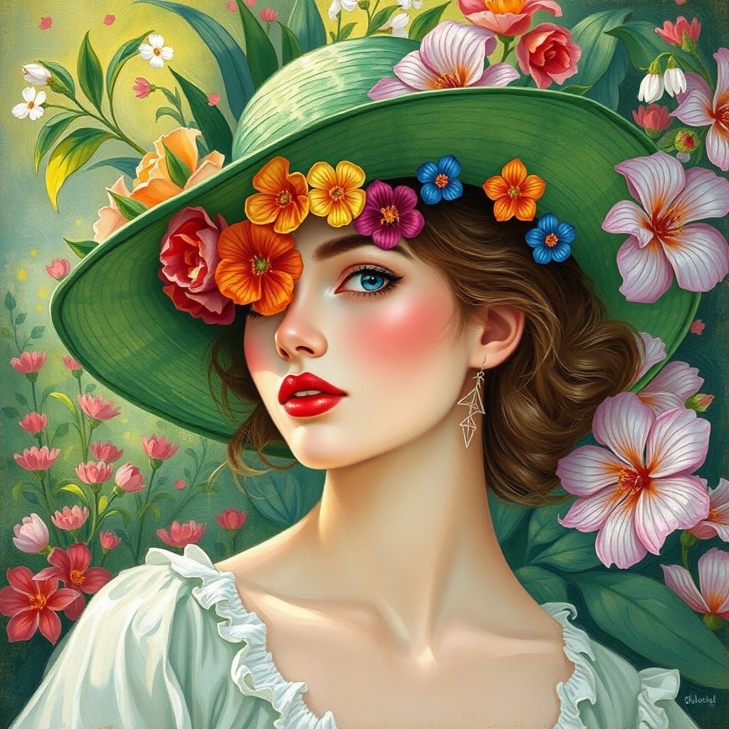 Ethereal Green Hat with Vibrant Floral Accents