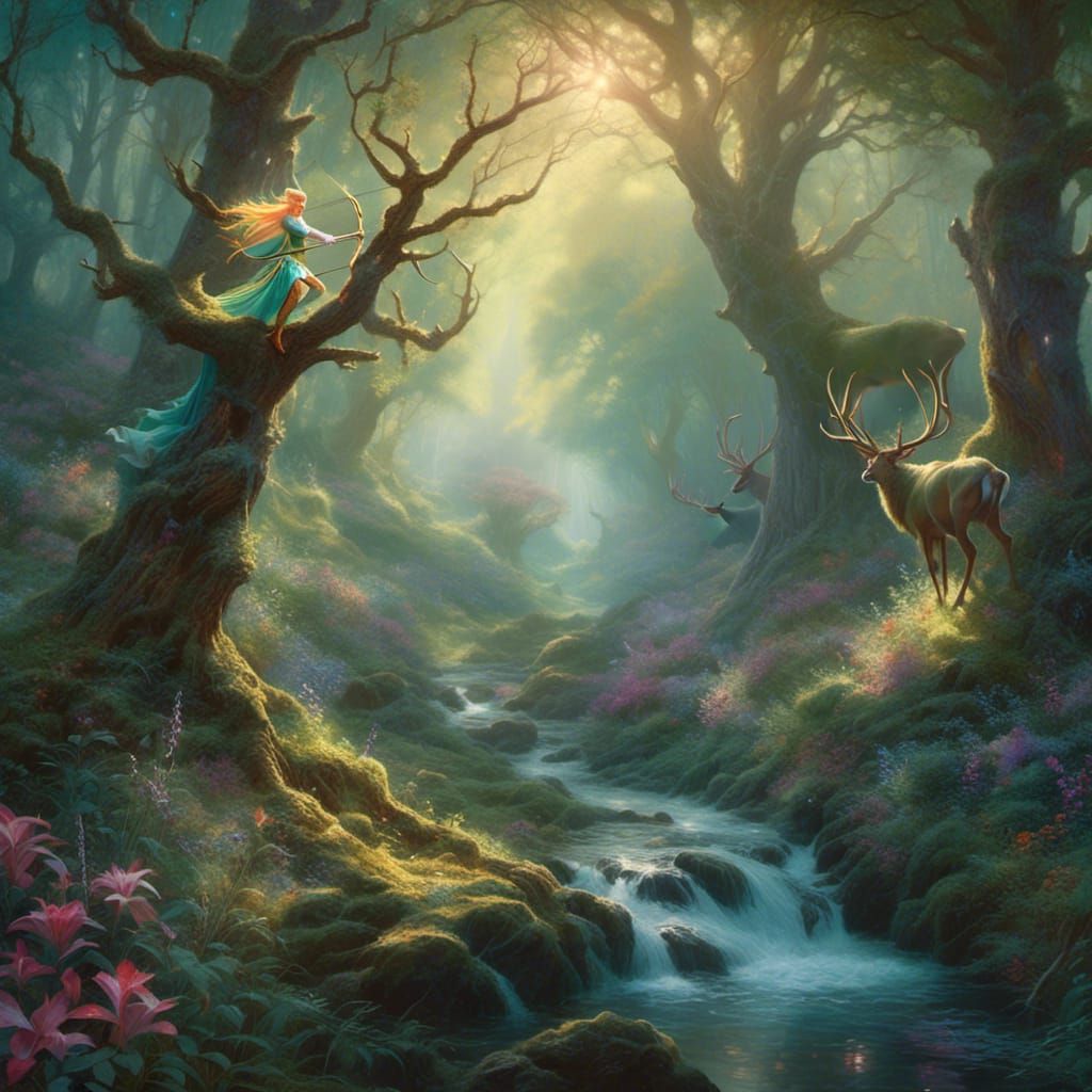 Elf Hunts Stag in Ethereal Forest Fantasy