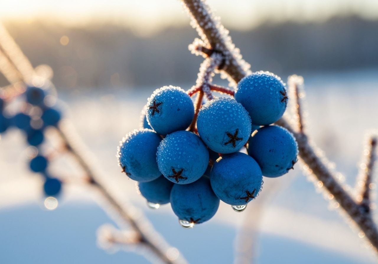 Icy Blue Berries in Winter Sunlight
