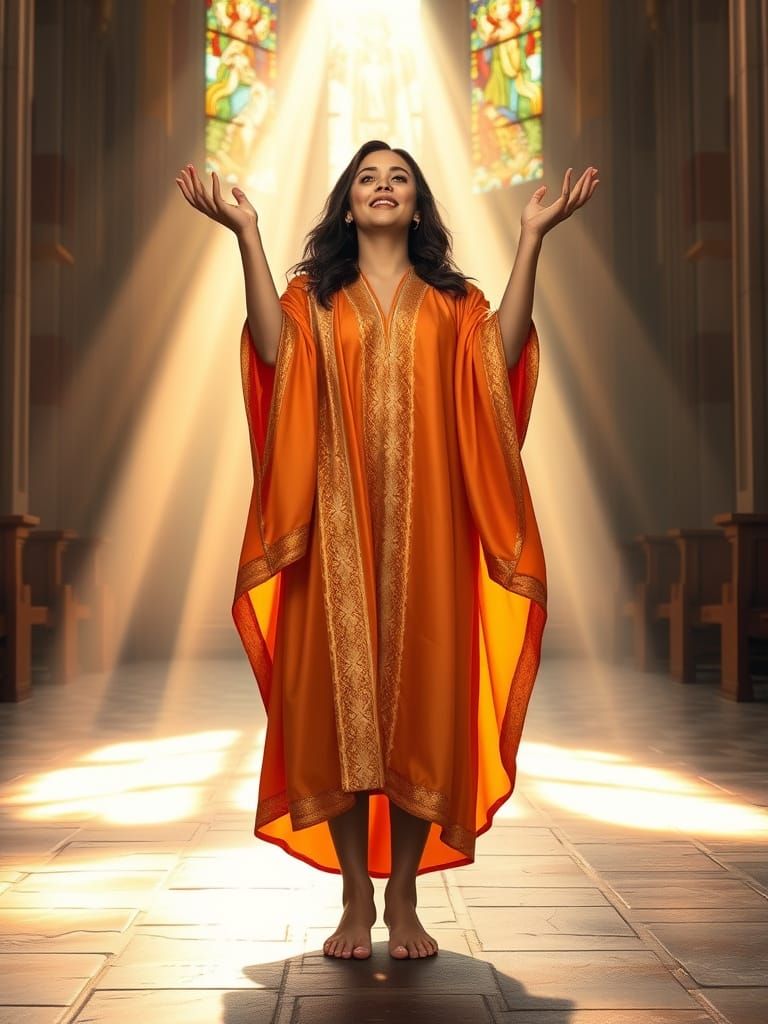 Radiant Latina Woman in Sunlit Church Digital Painting