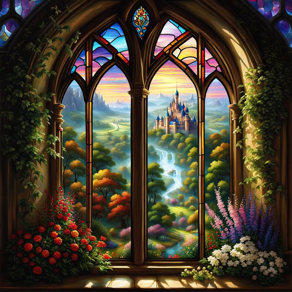 Fantasy Landscape Through Stained Glass Window