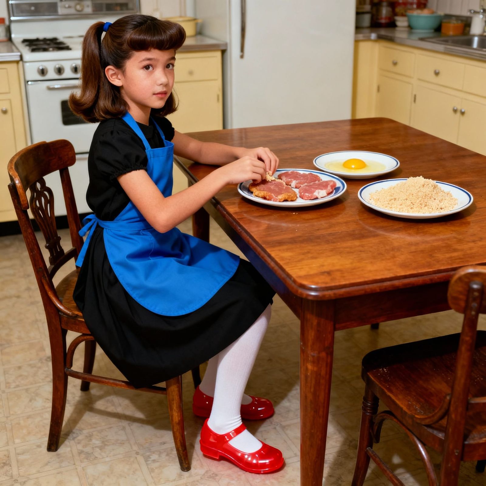 1950s Girl Prepares Schnitzel in Vintage Kitchen