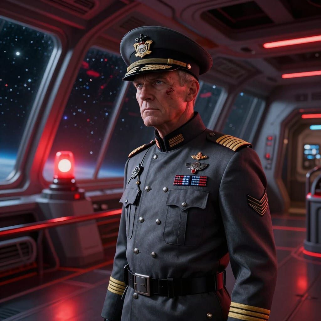 Admiral with Scar on Starship Bridge