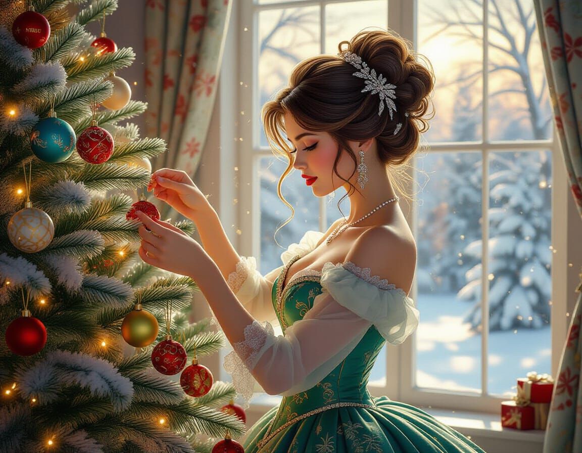 Elegant Woman Decorates Christmas Tree in Vintage Style