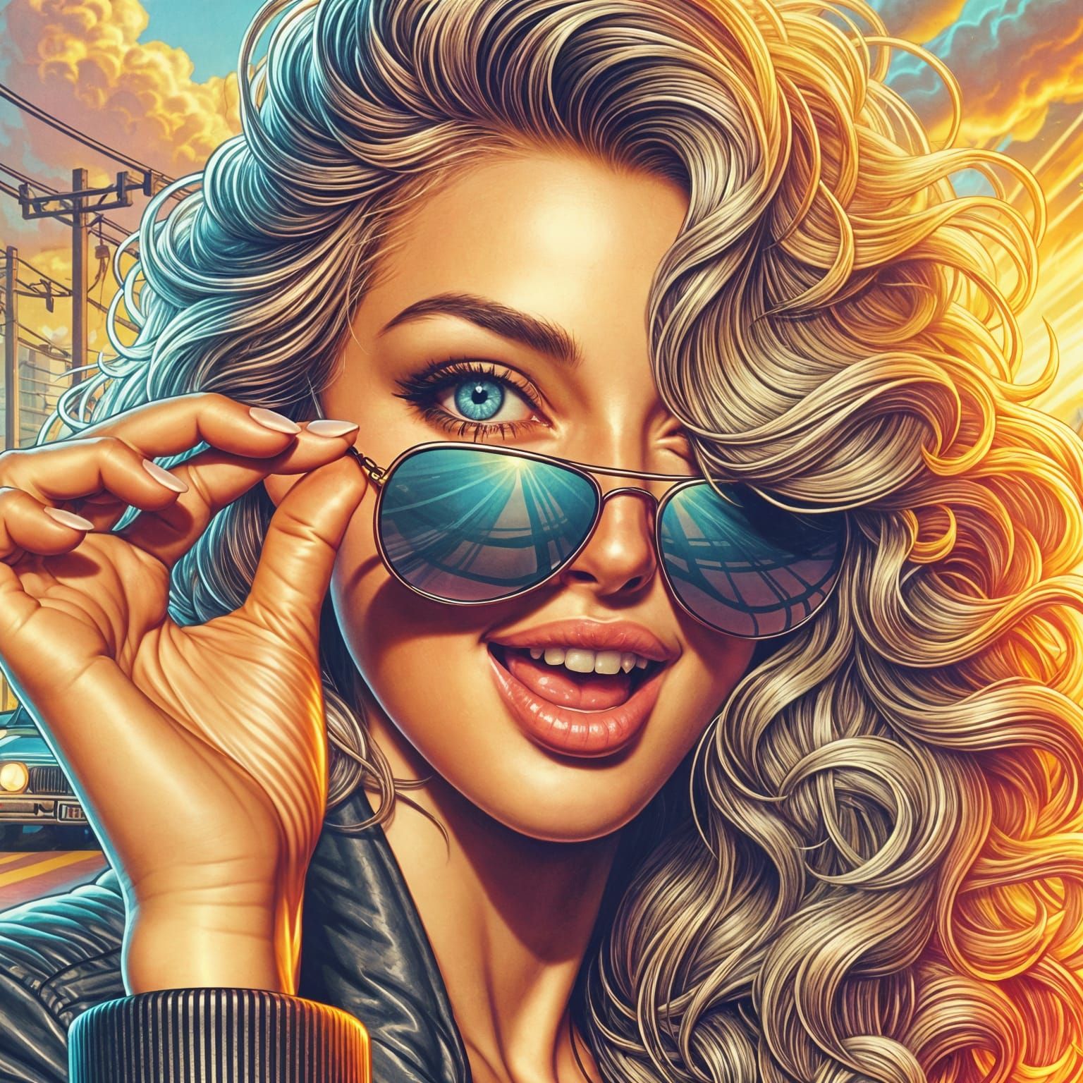 Hyper-Colorful Arcade-Inspired Portrait of a Woman in Sungla...