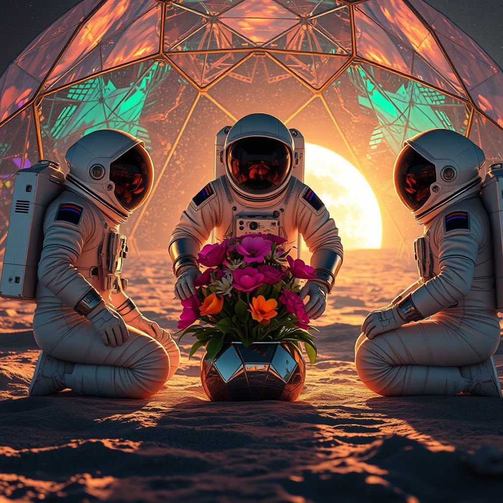 Sleek Astronauts Tend Lush Lunar Garden in Iridescent Geodes...