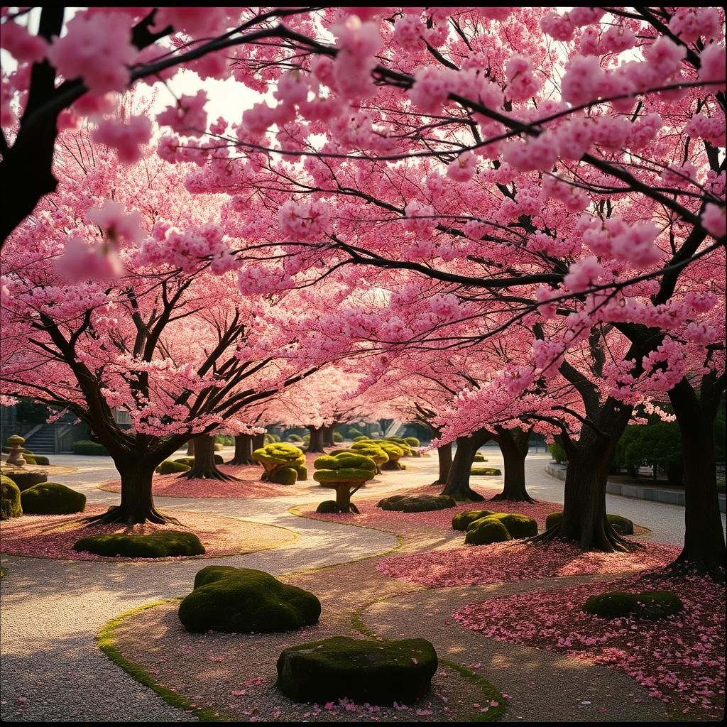 Serene Japanese Garden with Cherry Blossoms