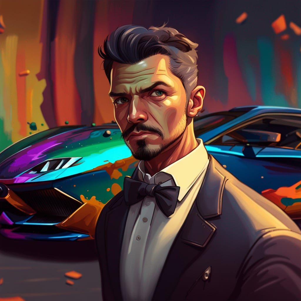 Cartoon Gentleman with Lamborghini: Hyperrealistic Splash Ar...