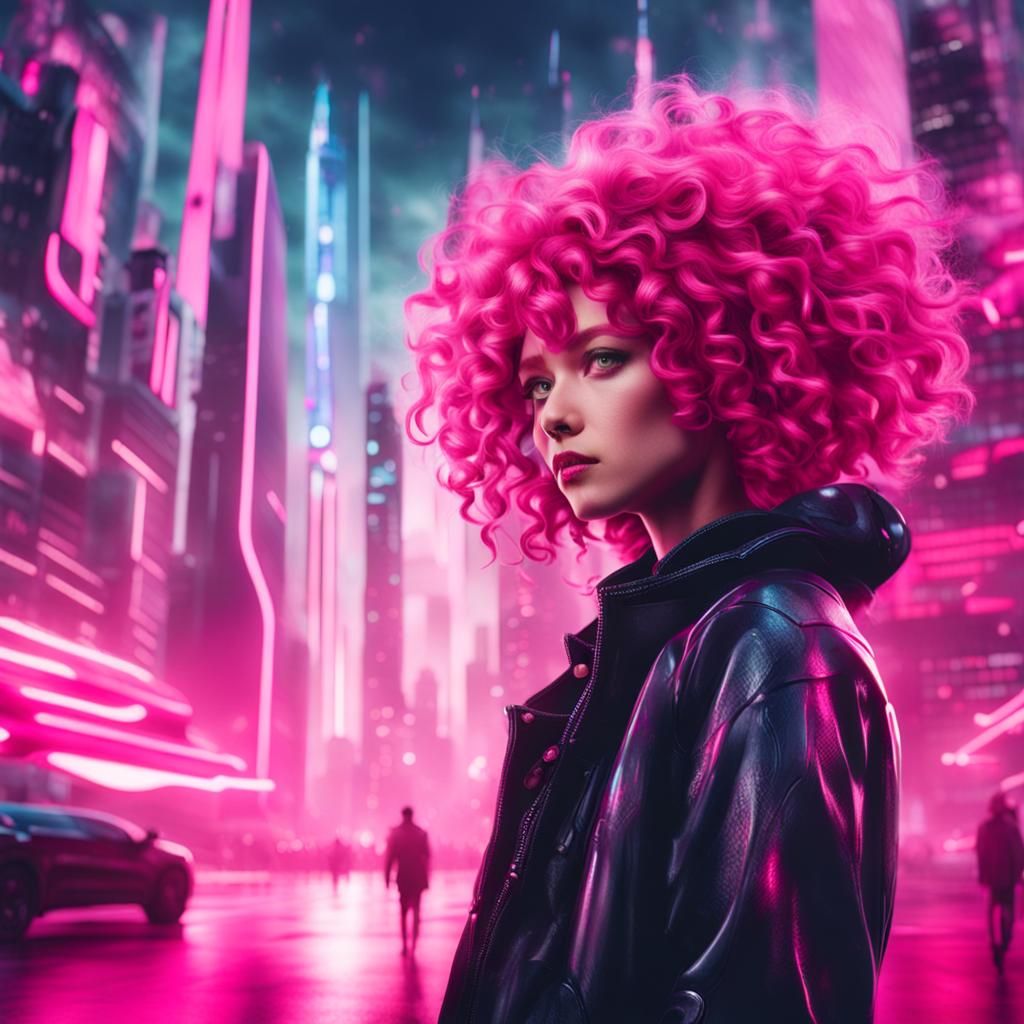 Pink-Haired Woman in a Cyberpunk Cityscape