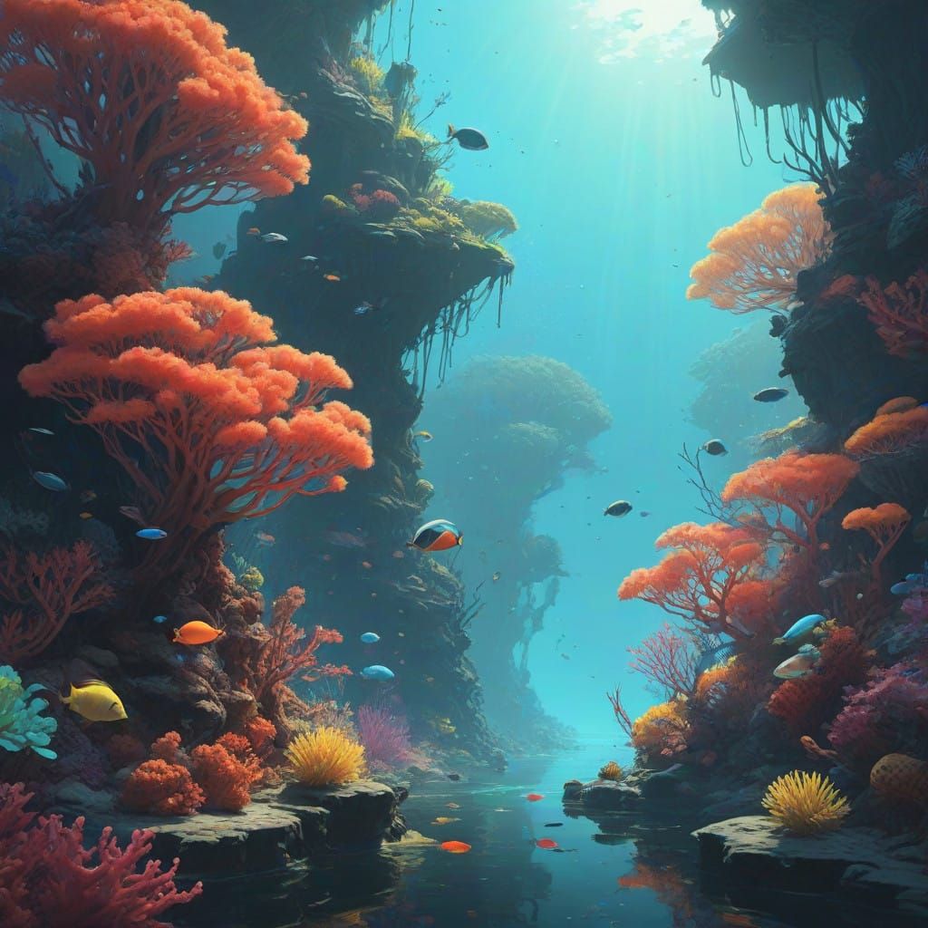 Surrealistic Dreamy Painting of a Vibrant Coral Reef