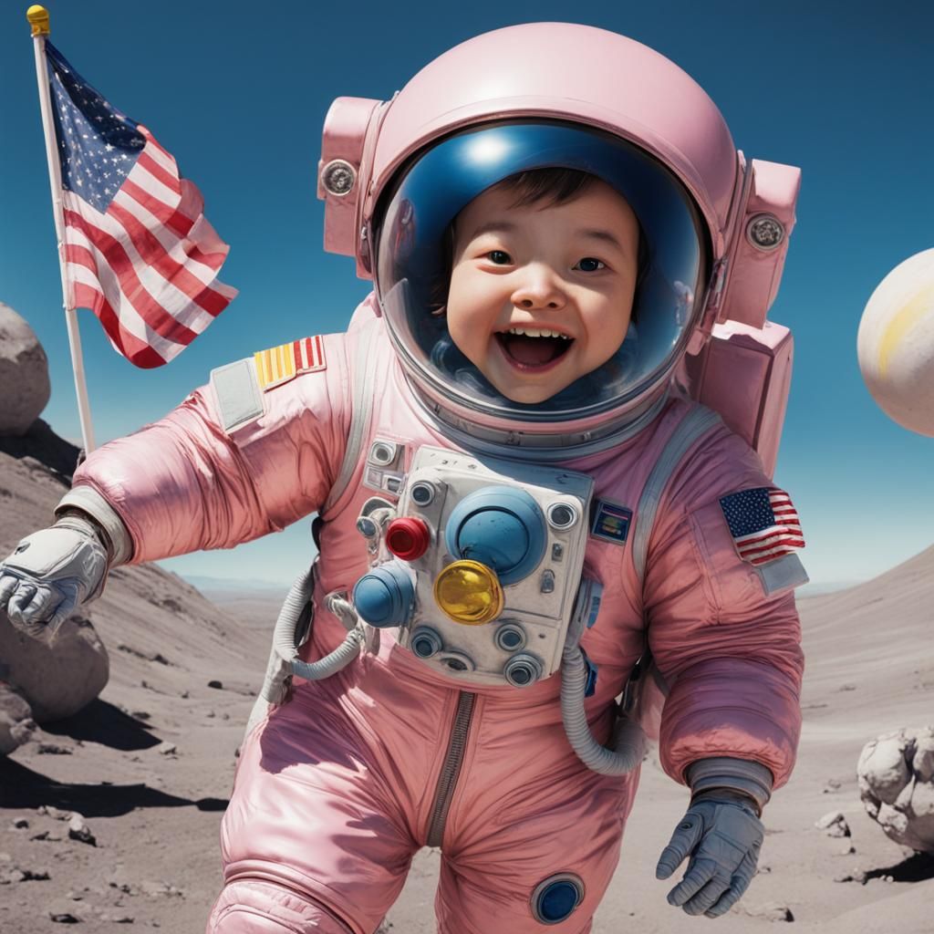 A whimsical and surreal aesthetic. In the foreground, a child in an oversized, light-pink astronaut suit.