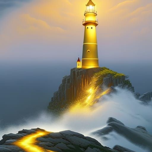 Fantasy Lighthouse on Cliff in Oil Painting Style