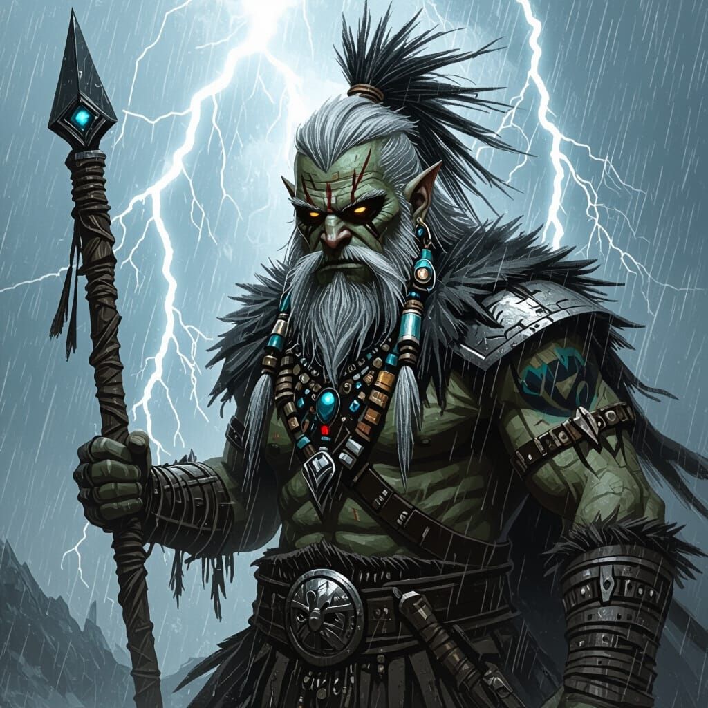 Orc Shaman in Thunderstorm: Gritty Fantasy Art