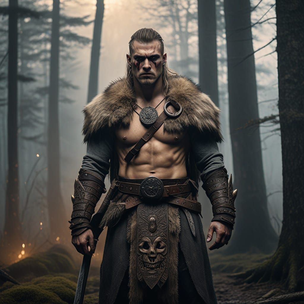 Slavic Berserker Warrior in Misty Forest