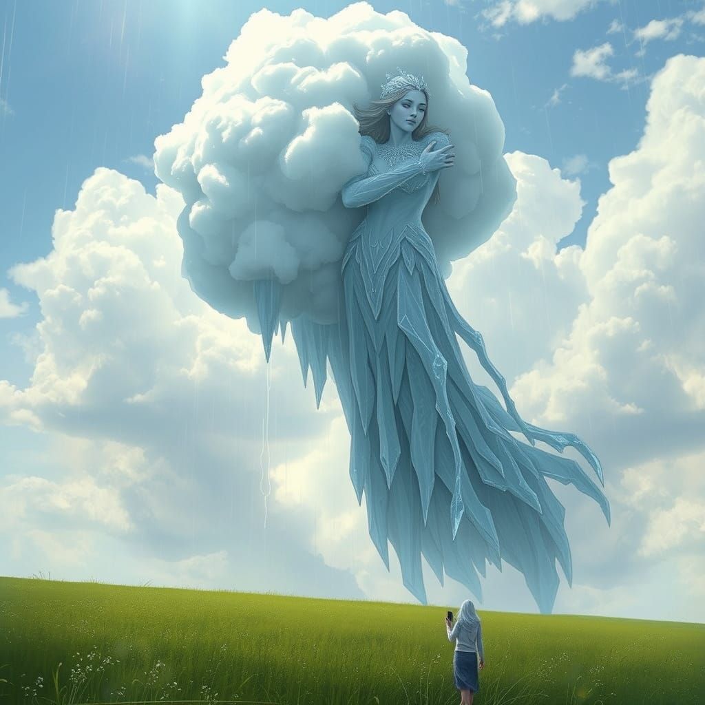Ice Giant Woman Hugs Cloud in the Sky