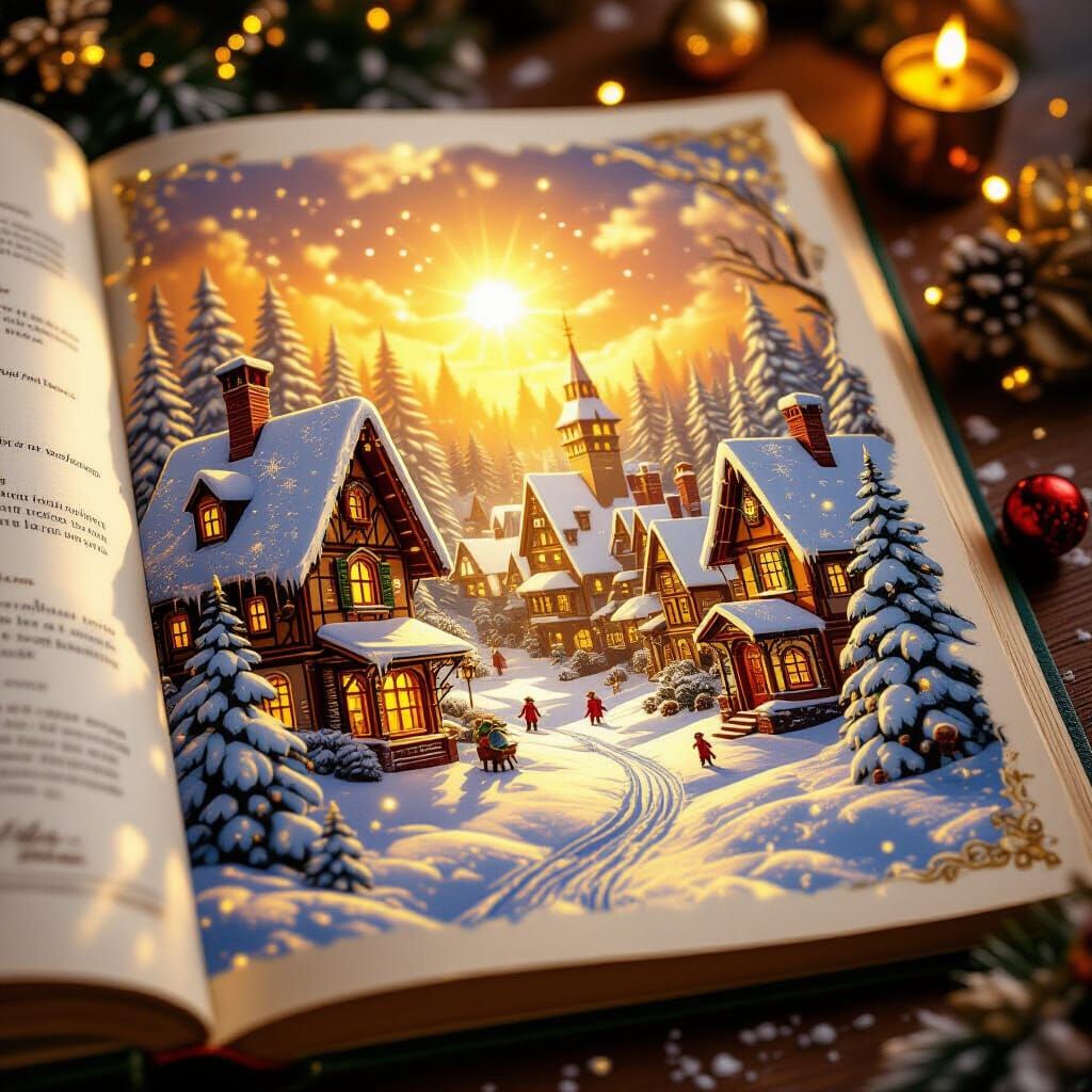 Sunlit Christmas Book Page in Deep Fantasy Style