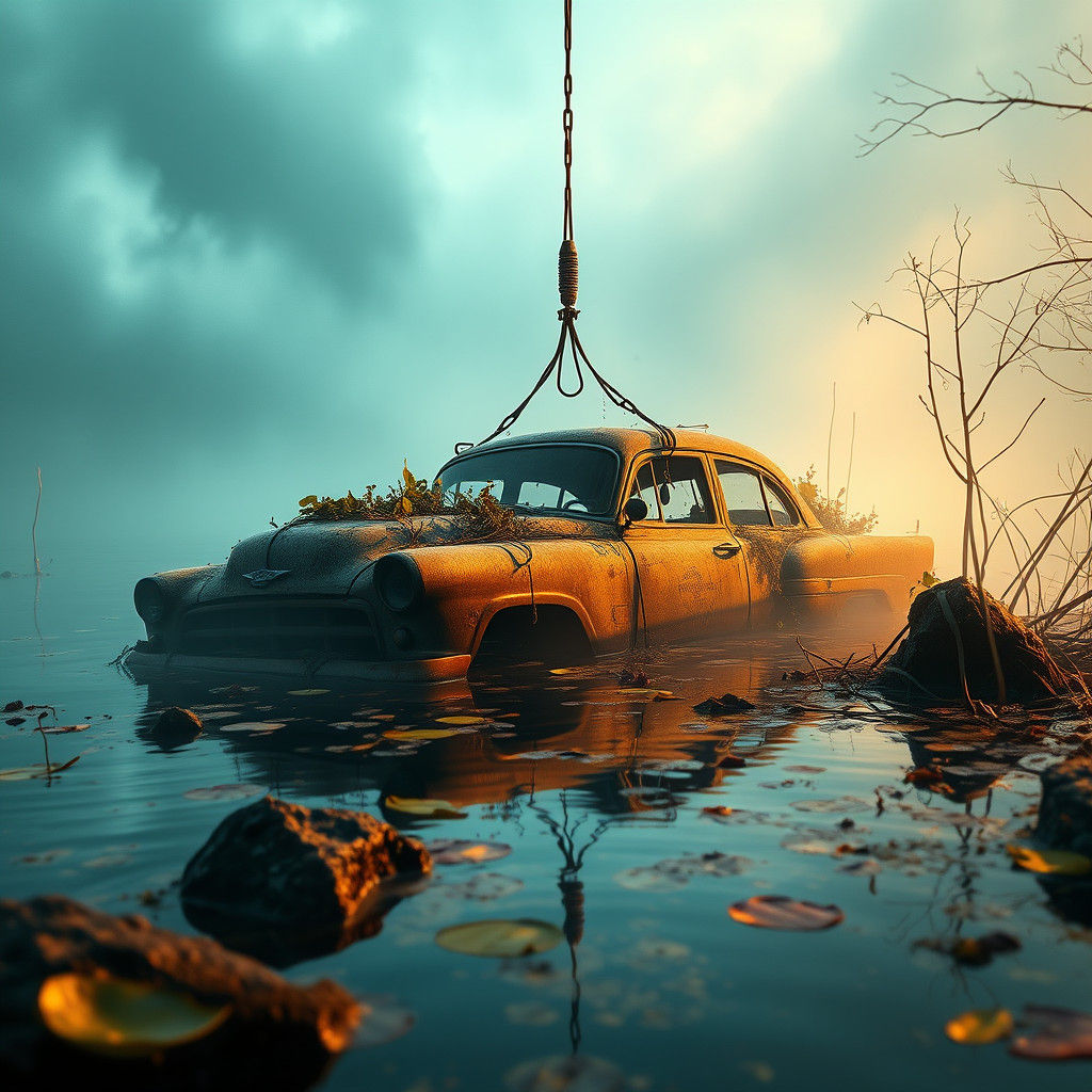 Eerie Submerged Car Emerges from Misty Lake