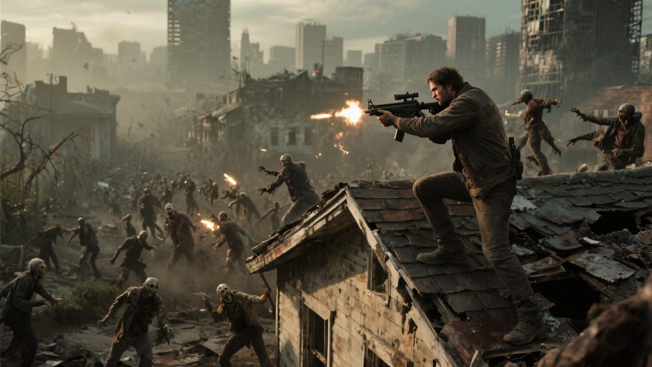 Gunman Defends Ruined City from Zombie Horde