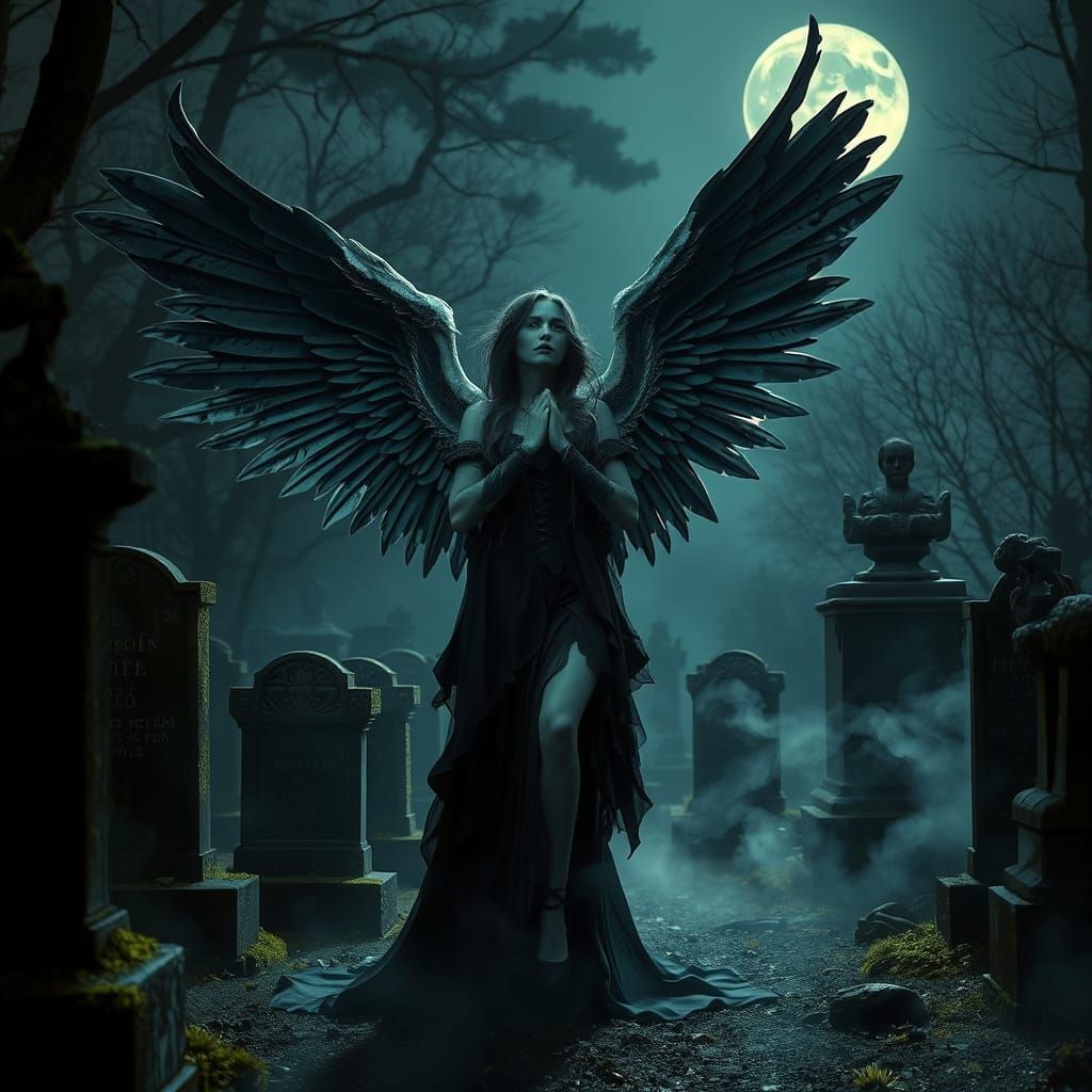 The angel of death, graveyard background, hyperrealism, dark...