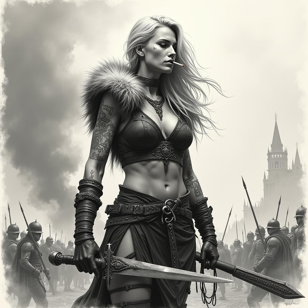 Triumphant Viking Warrior in Dark Fantasy Charcoal Art